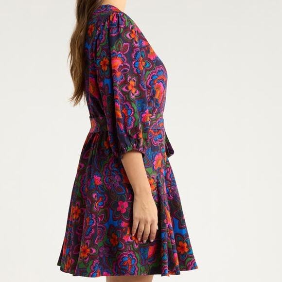 Sugarlips NWOT Rainbow Floral Print Crew Neck Button Tie Waist Mini Dress Small - Picture 2 of 11